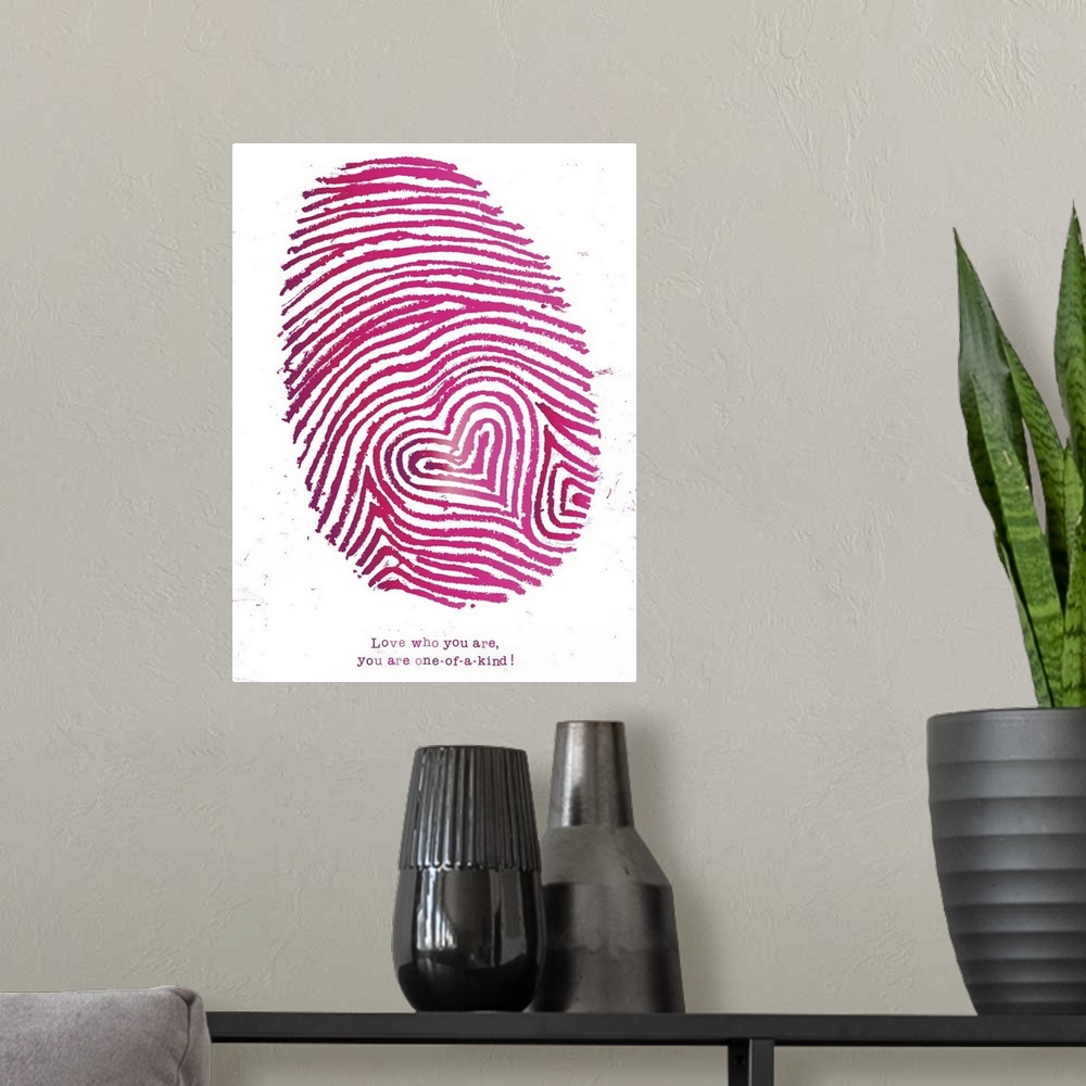 A modern room featuring Large pink fingerprint with heart in the middle.