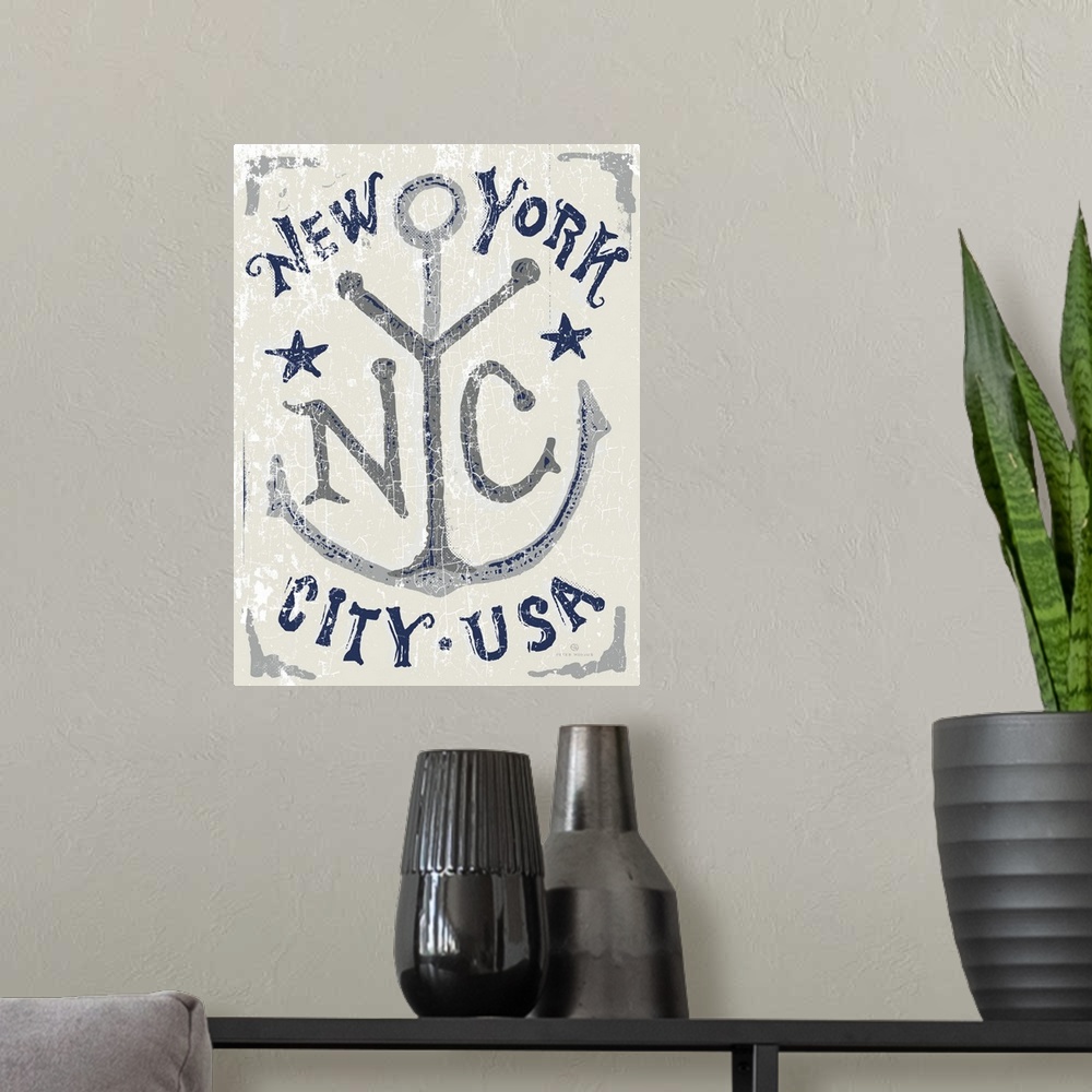 A modern room featuring Illustrated vintage, worn artwork of an anchor and typography that reads New York City, USA.