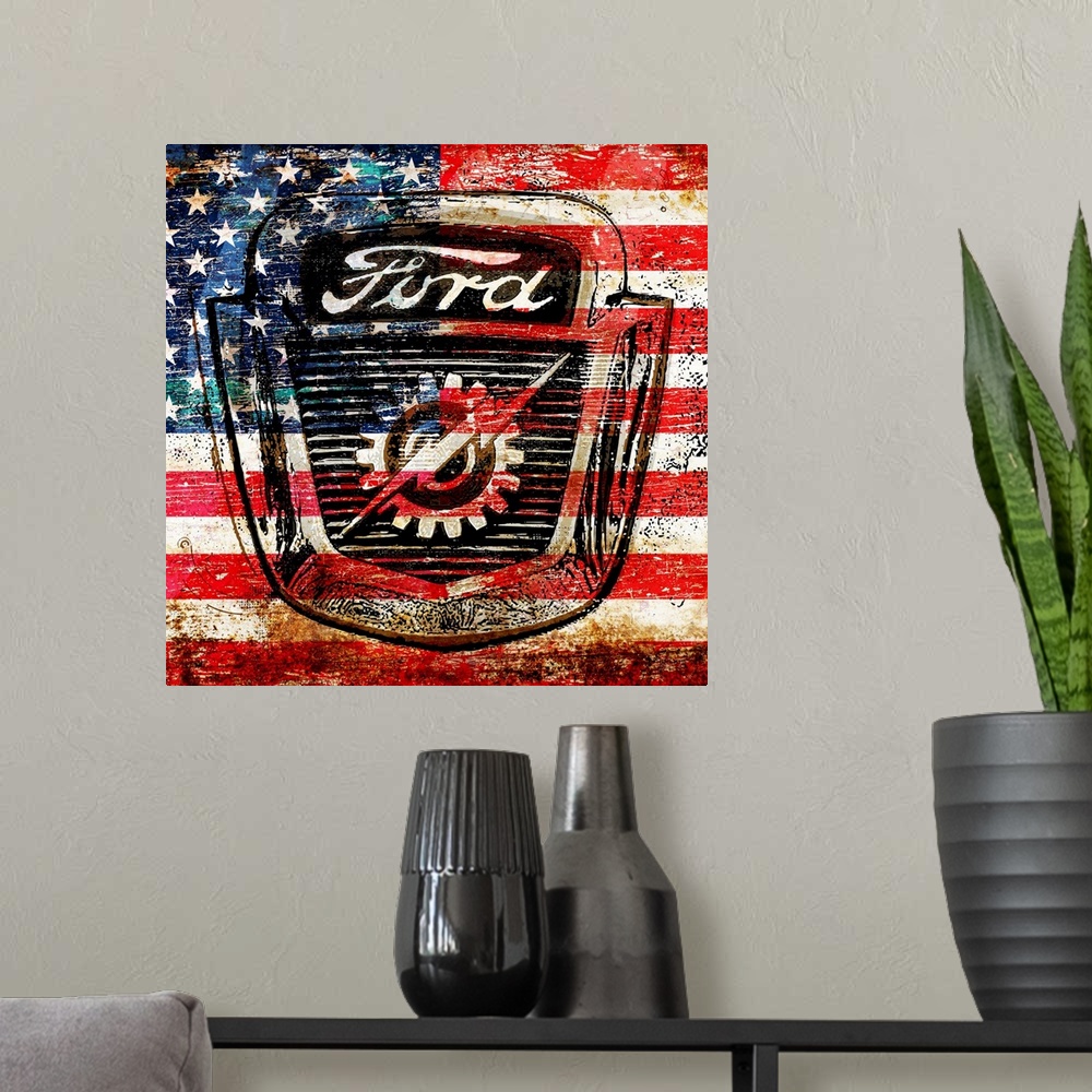 A modern room featuring A worn, distressed, cracked and rusty Ford logo with the American flag superimposed.