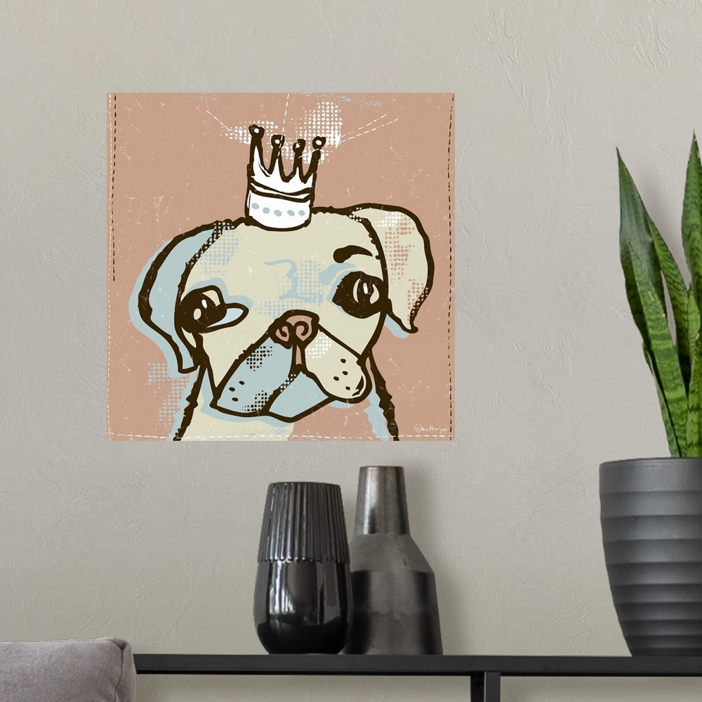 A modern room featuring A domesticated pug dog or boston terrier with a crown on his head called top dog.