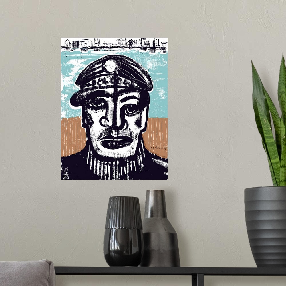 A modern room featuring A surly sea captain with a black captain's hat.
