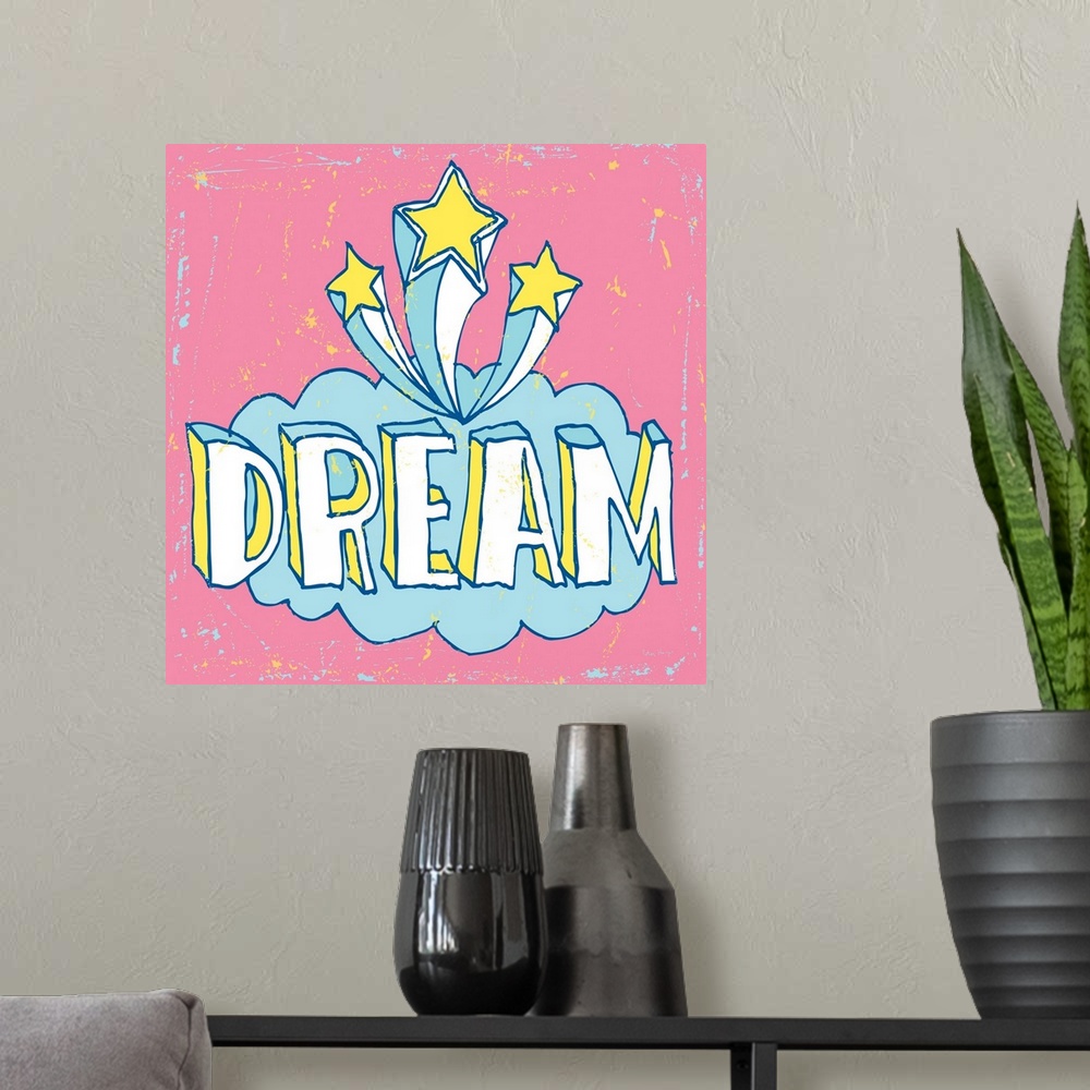 A modern room featuring The word "Dream" handwritten in a cloud with stars on a light blue background.