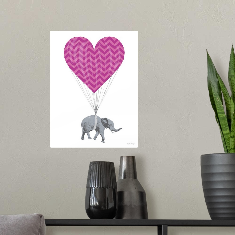 A modern room featuring Graphic art of an elephant paratrooper with a parachute in the shape of a love heart.