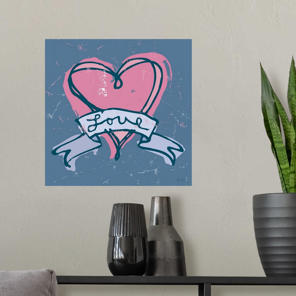 A modern room featuring A pen and ink illustrated heart with a flowing ribbon with the word "Love" hand lettered on it.