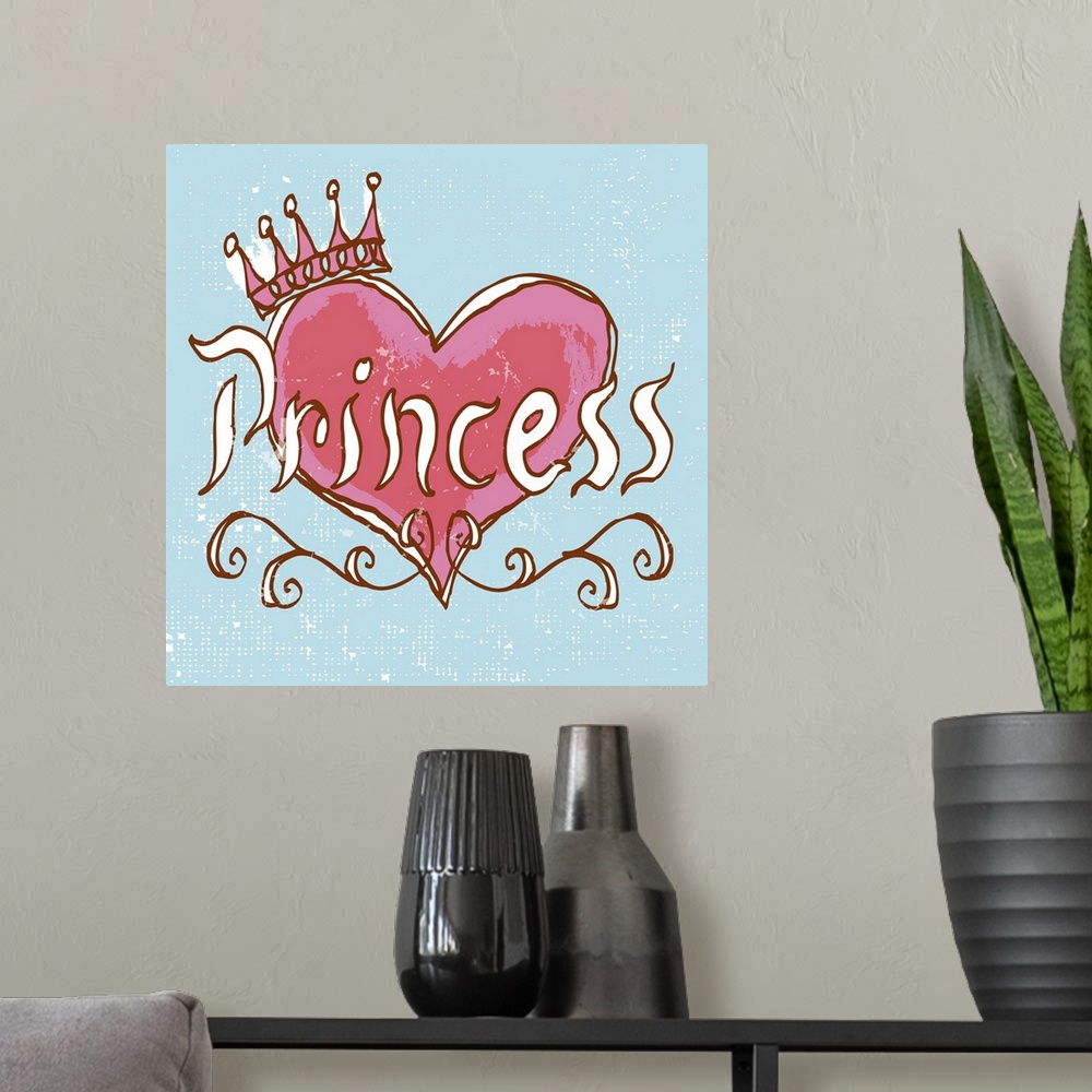 A modern room featuring A pen and ink illustrated princess tiara with the word "Princess" hand lettered.
