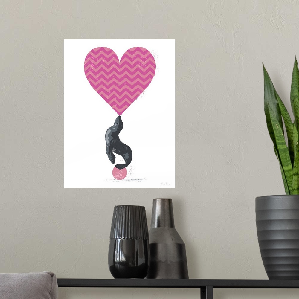 A modern room featuring Graphic art of a seal balancing a large pink chevron heart on its nose standing on a pink ball.