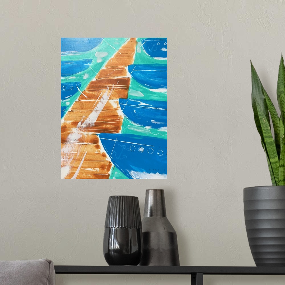 A modern room featuring Painting of an abstract boat dock with boats in the boat slips.