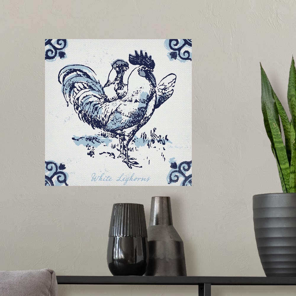A modern room featuring White leghorn chickens with typography in dutch blue