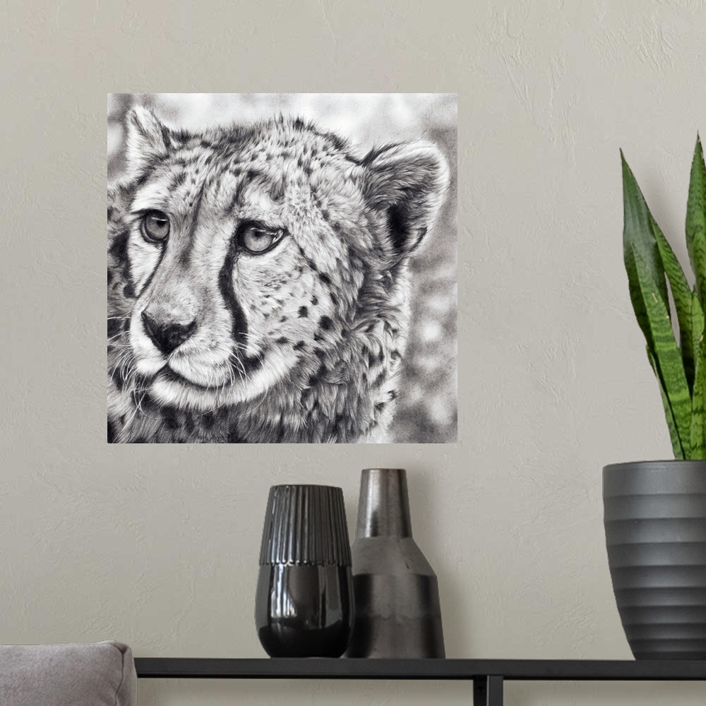 A modern room featuring Born To Run' is a framed, original drawing created with graphite pencils. An adolescent cheetah c...