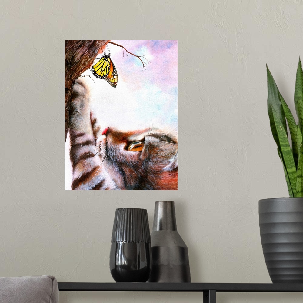 A modern room featuring Mixed media painting of a cat reaching out for a butterfly on a tree.