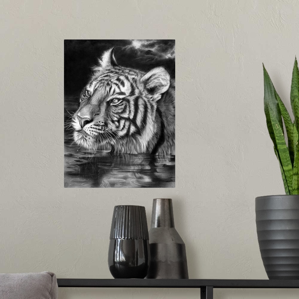 A modern room featuring Graphite pencil tiger portrait.