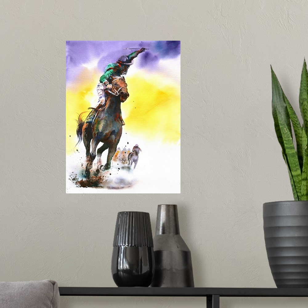 A modern room featuring A triumphant rider and racehorse cross the finish line.