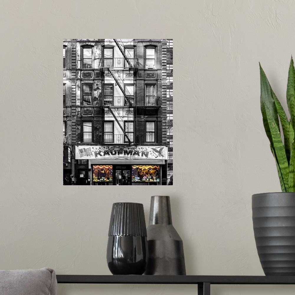 A modern room featuring A photograph of New York city urban life.