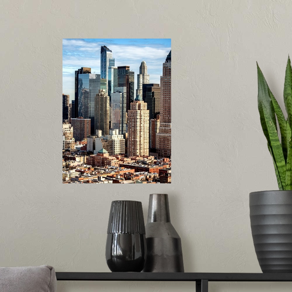 A modern room featuring A photograph of a group of skyscrapers in New York city.