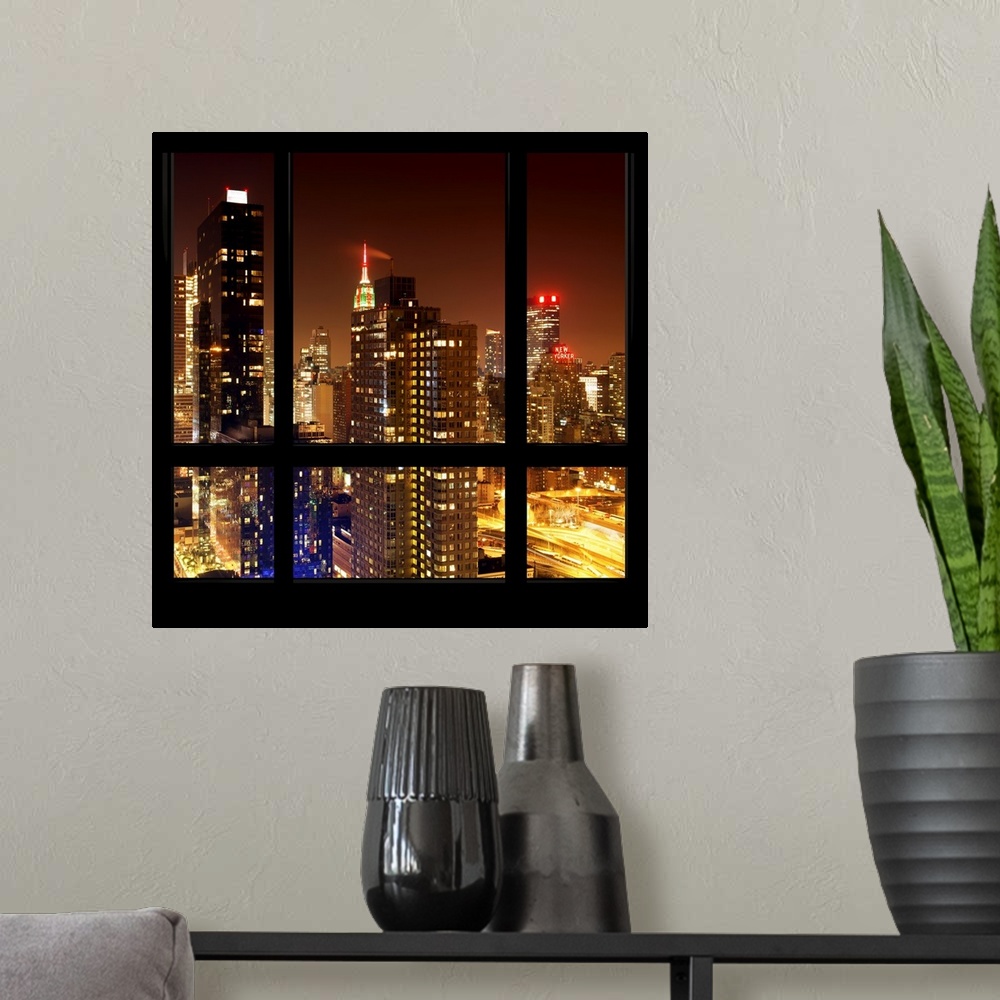 A modern room featuring Artistic photograph New York city at night as if viewed from a window.