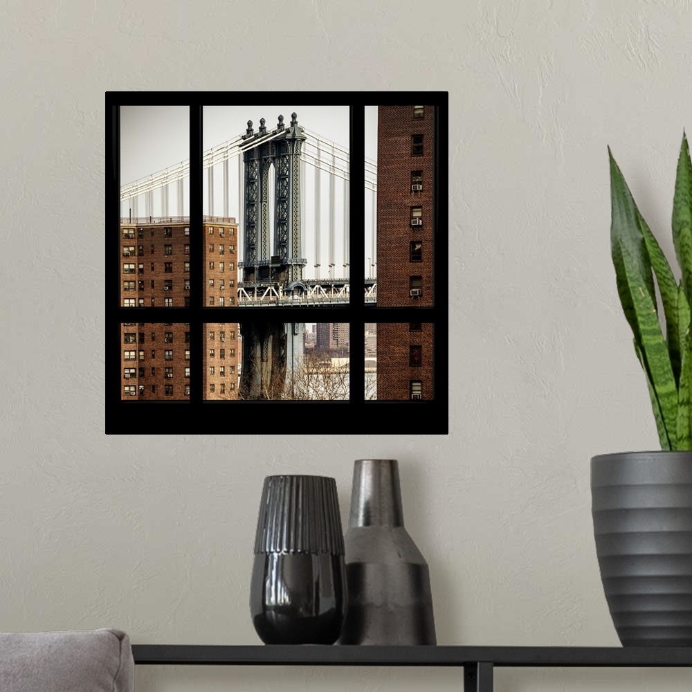 A modern room featuring Artistic photograph New York city as if viewed from a window.