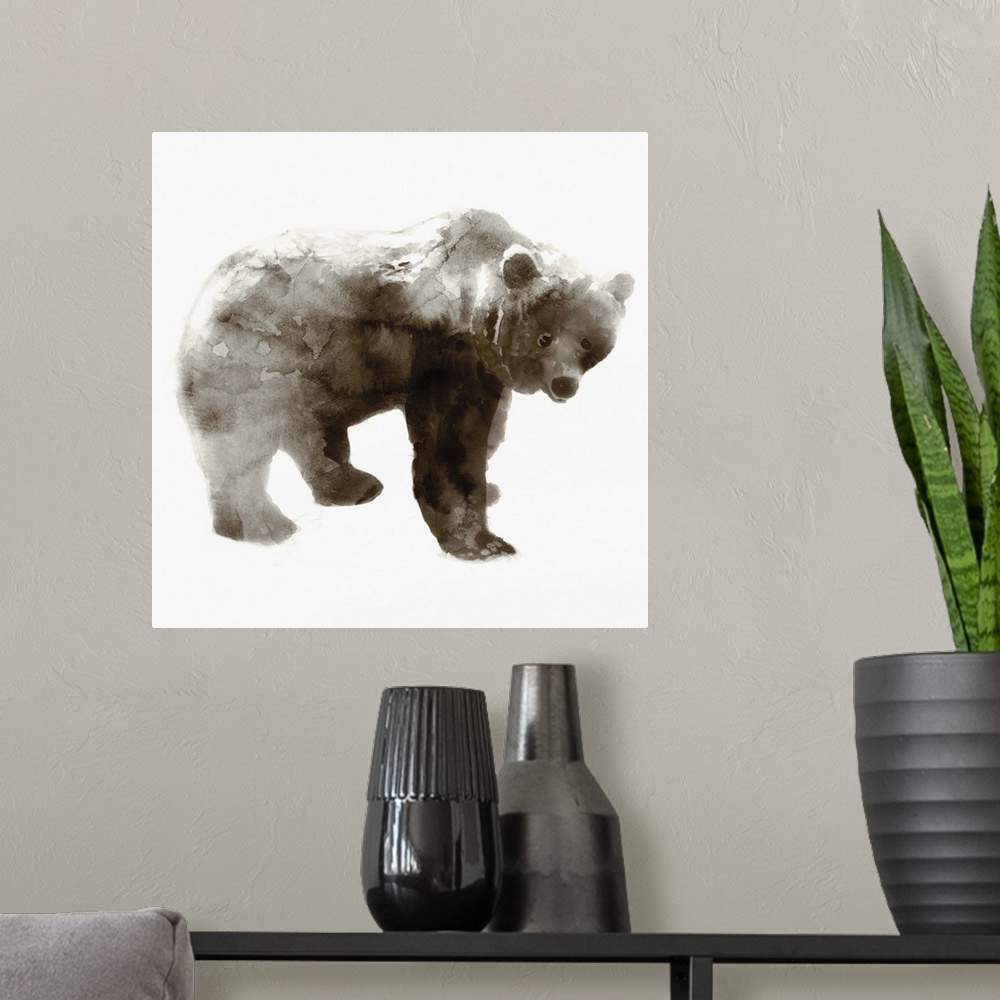 A modern room featuring Watercolor painting of a grizzly bear in brown tones.