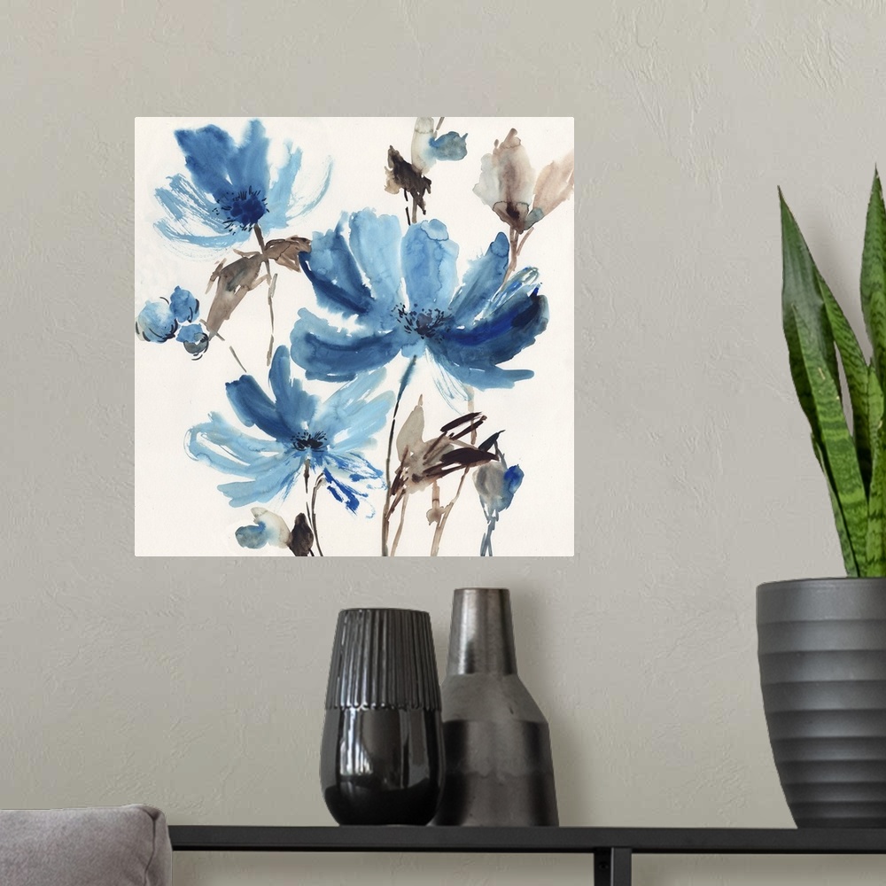 A modern room featuring Watercolor flowers in a blissful blue tone.