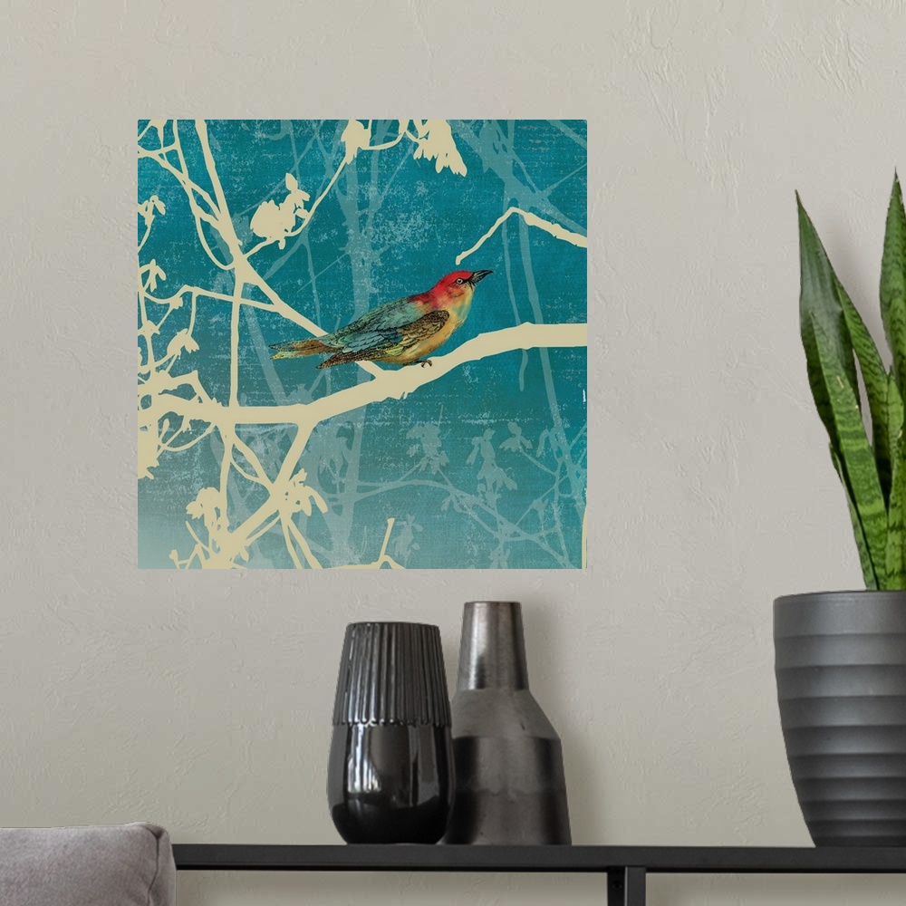 A modern room featuring Contemporary home decor art of a bird perched on a silhouetted branch against a faded blue backgr...
