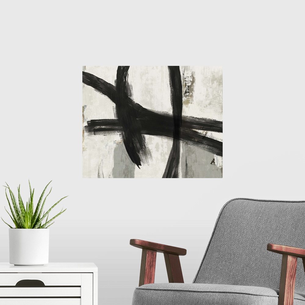 A modern room featuring Abstract artwork of dark black strokes over cream and grey.