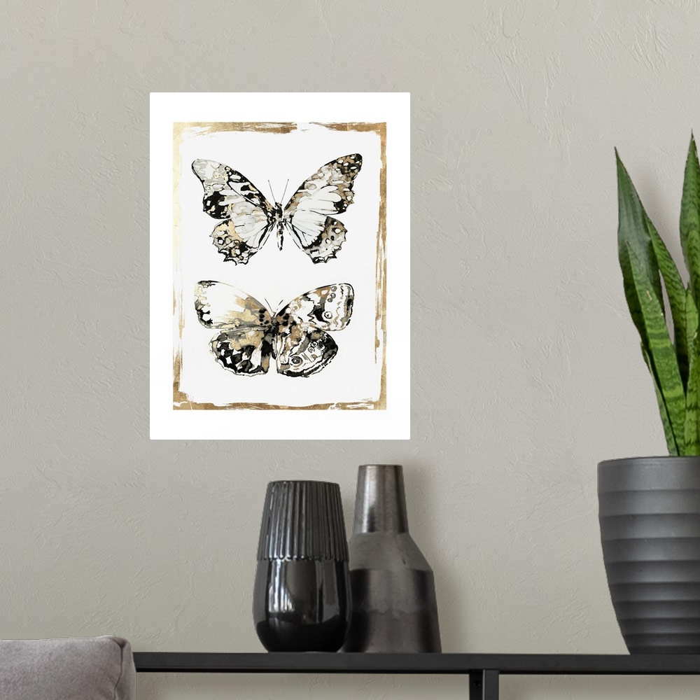 A modern room featuring Glamorous butterfly decor in black, white, and gold.