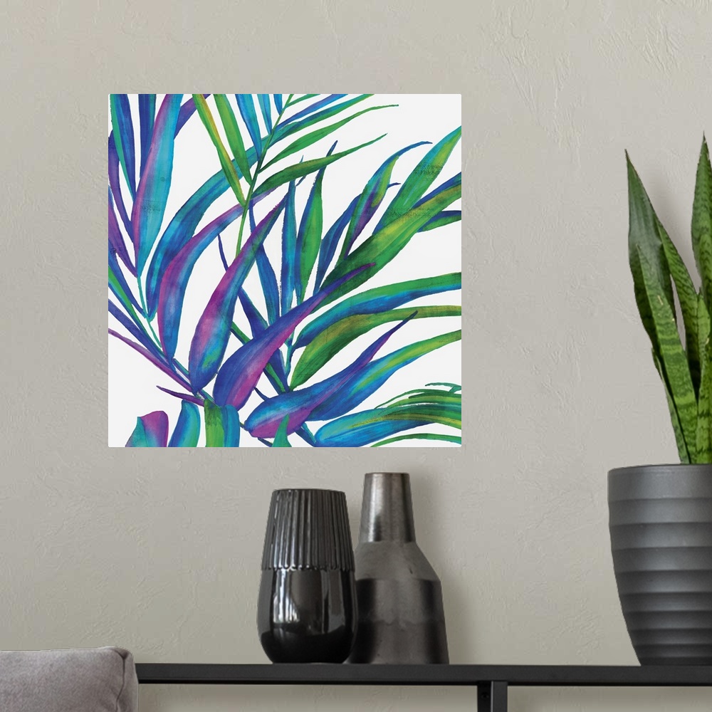 A modern room featuring Square decor with illustrated tropical leaves in blue, purple, and green hues on a white background.