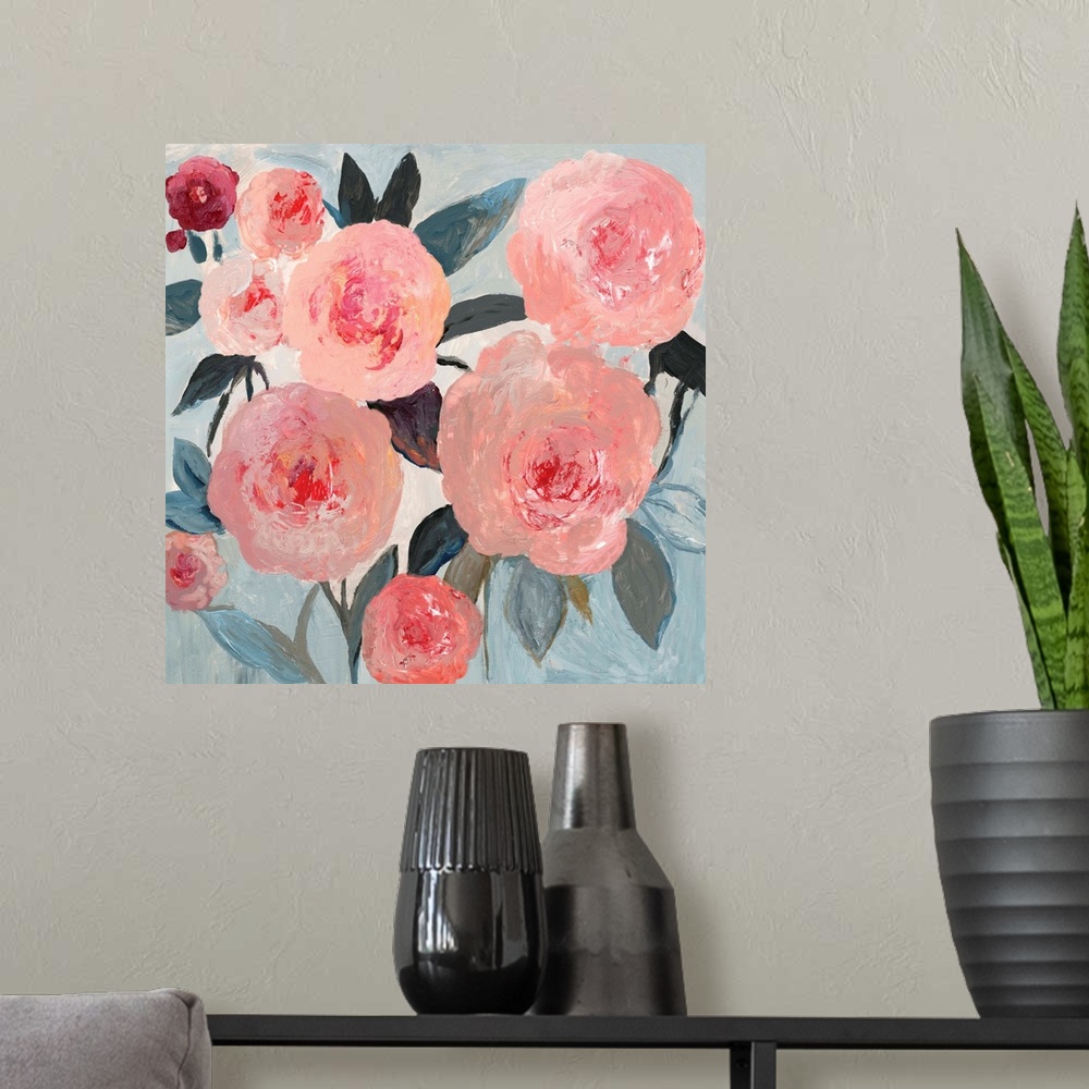 A modern room featuring A contemporary painting of large pink flower blooms against a neutral textured backdrop.