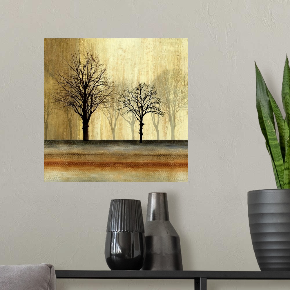 A modern room featuring Contemporary home decor artwork of silhouetted trees against a faded background.