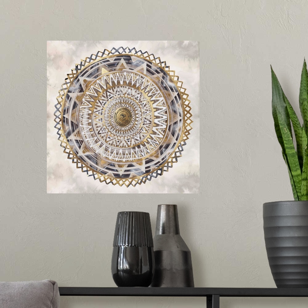 A modern room featuring Bohemian mandala painted in various neutral shades outlined in gold.
