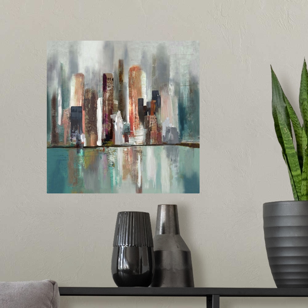 A modern room featuring Contemporary home decor art of an abstract skyline of tall architectural structures.