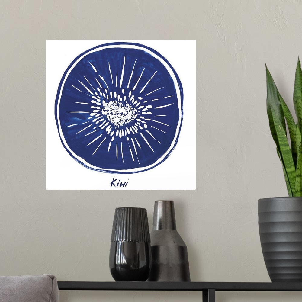 A modern room featuring Navy blue ink wash painting of a kiwi half on white.