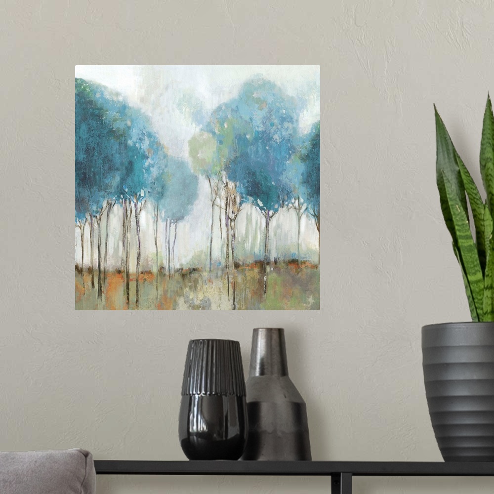 A modern room featuring Abstract landscape of a meadow with trees painted in robin's egg blue.