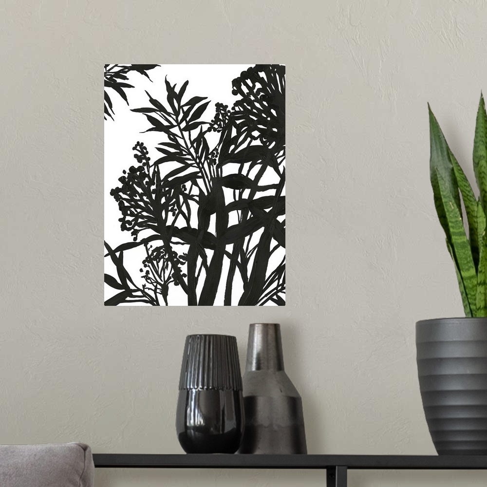 A modern room featuring Vertical painting of a flower arrangement in black and white.