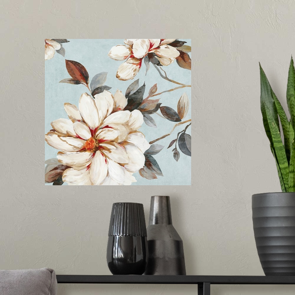 A modern room featuring A contemporary painting of large flower blooms on leaf covered stems against a neutral textured b...