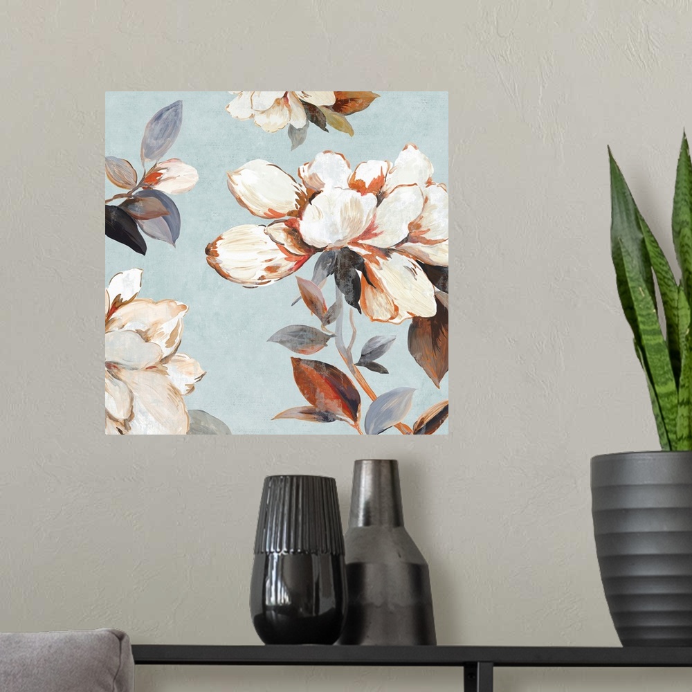 A modern room featuring A contemporary painting of white flower blooms on leaf covered branches against a neutral texture...