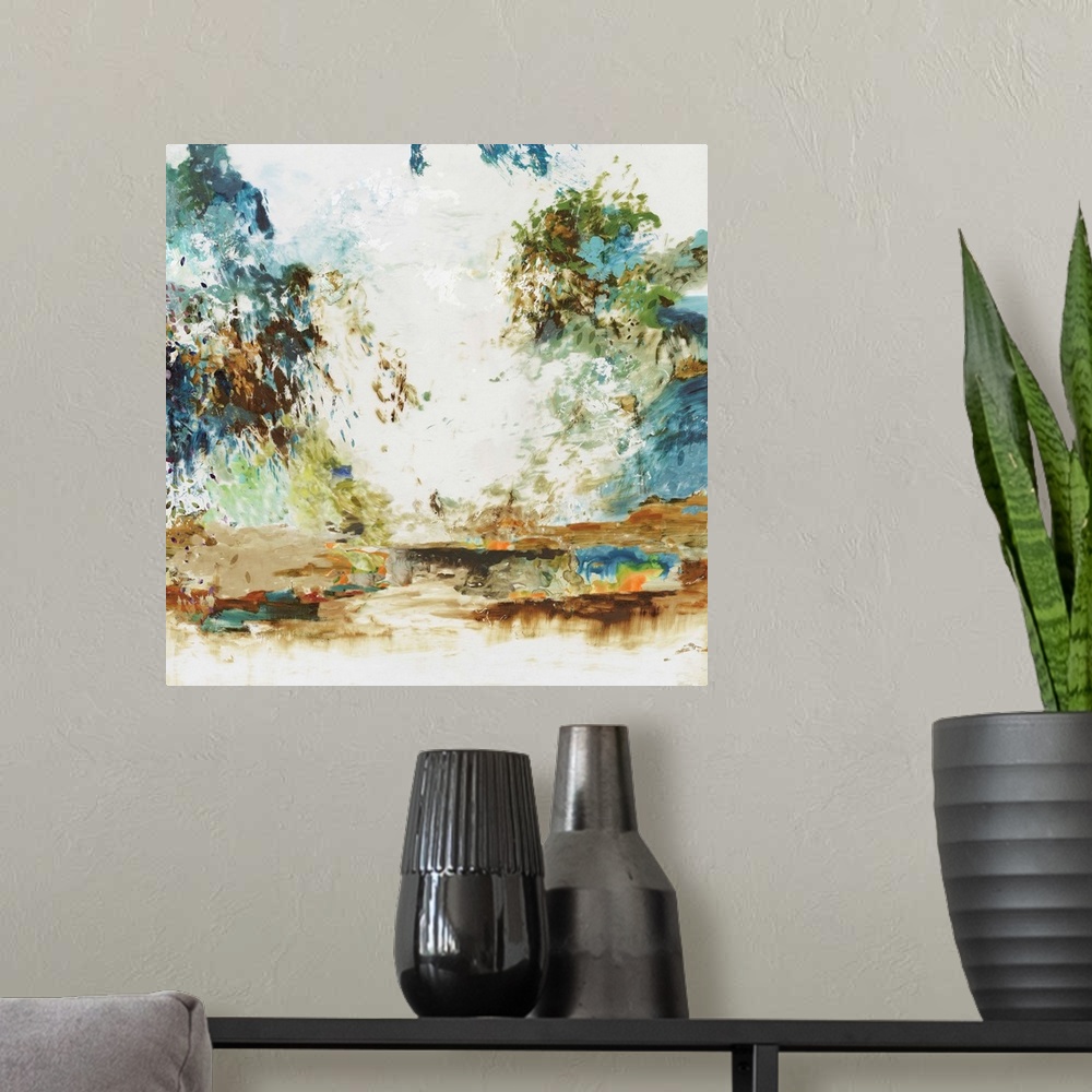 A modern room featuring Square contemporary painting of a landscape in natural earth tone colors.
