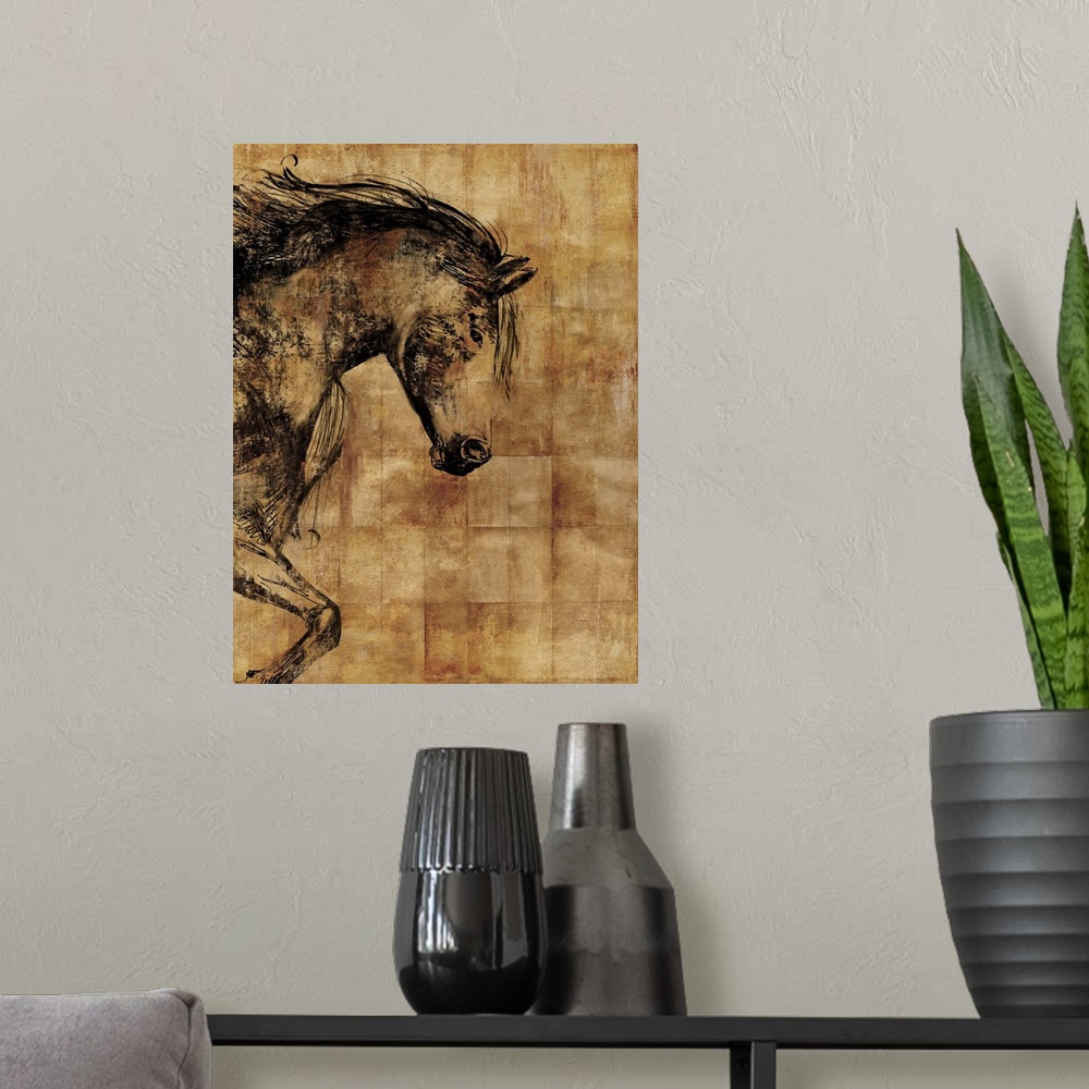 A modern room featuring Contemporary weathered looking home decor art of a horse coming into the left of the frame agains...