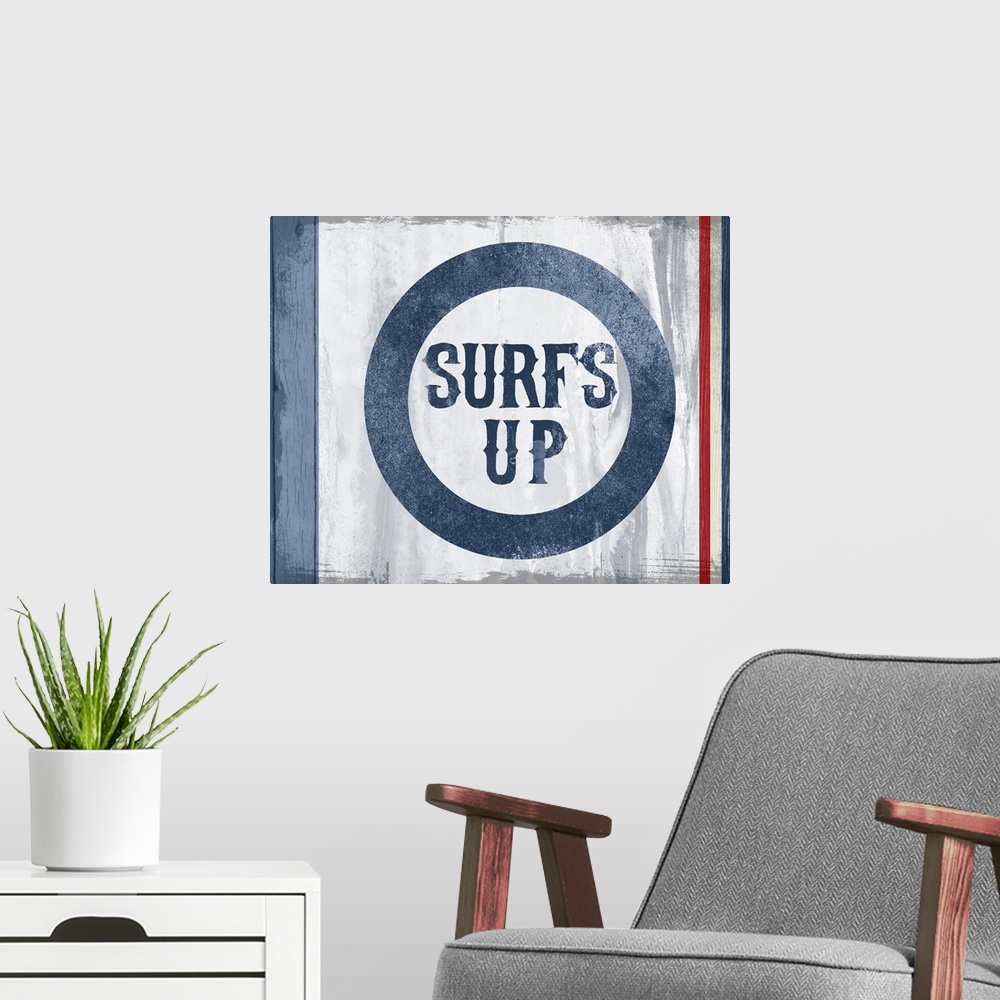 A modern room featuring Red and blue surfing sign with "Surf's Up" printed on.
