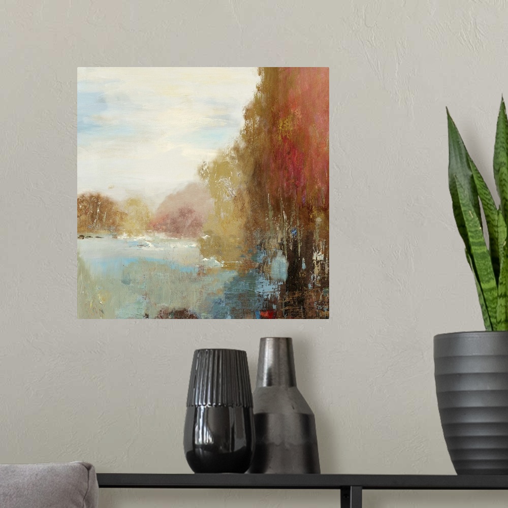 A modern room featuring Contemporary home decor artwork of an autumn countryside scene.