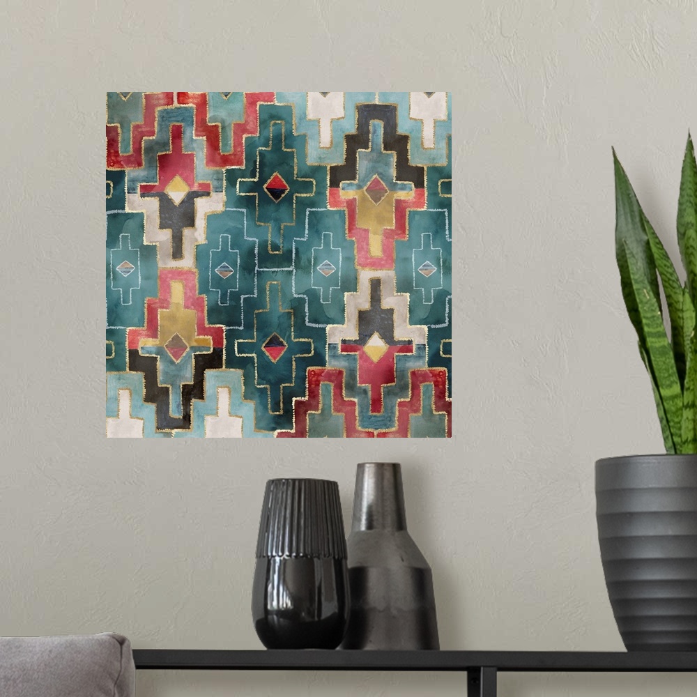 A modern room featuring Bohemian pattern in teal and red with metallic gold accents.