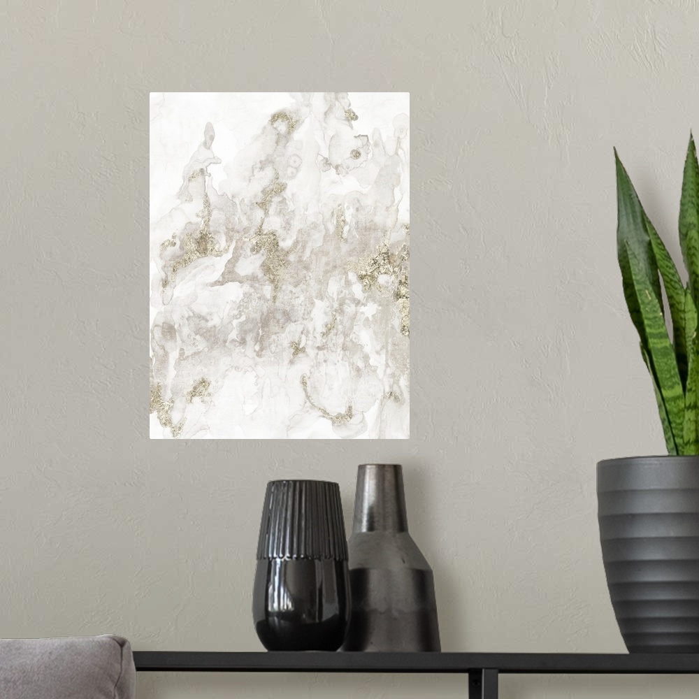 A modern room featuring Vertical abstract painting in textured shades of gold.