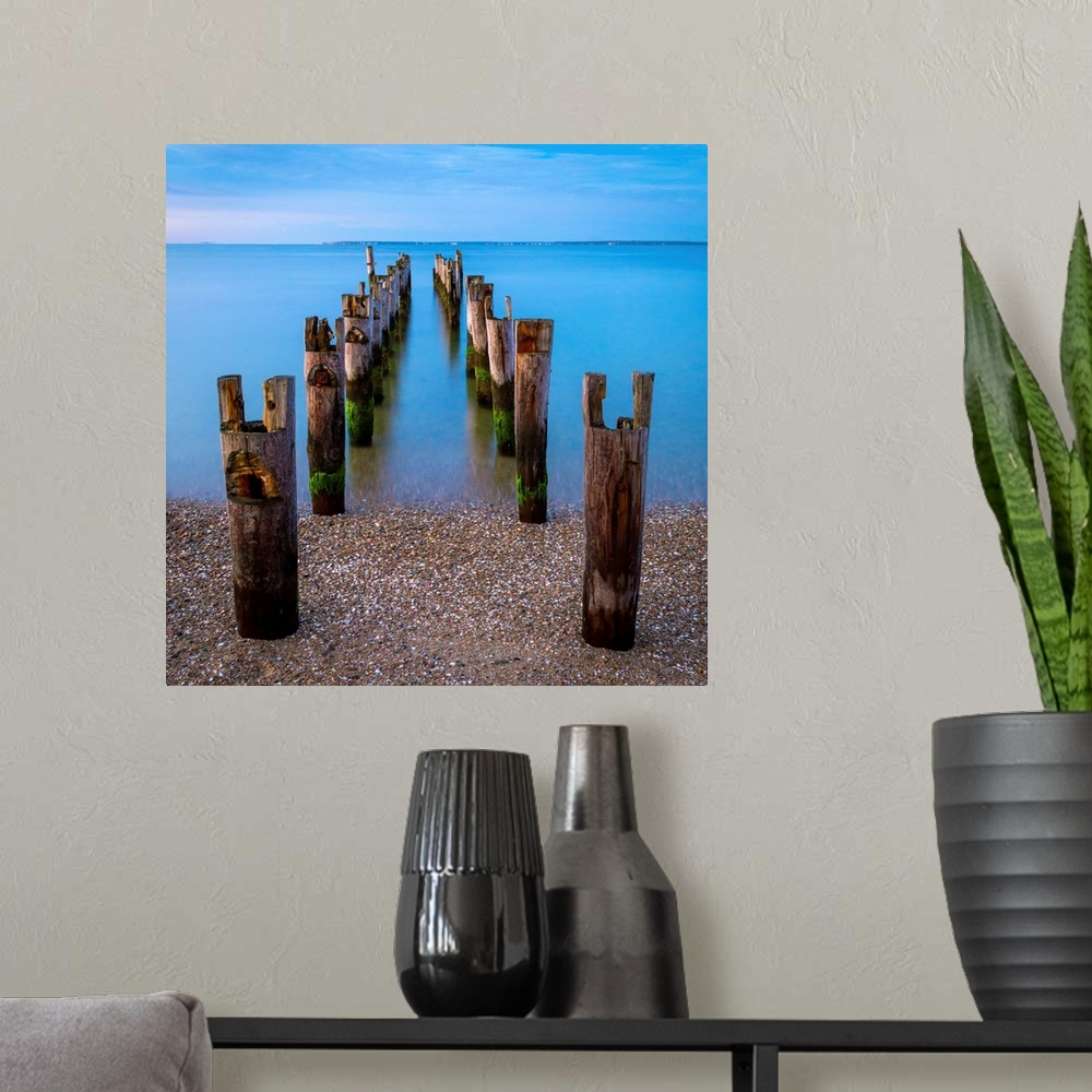 A modern room featuring Old pilings on a beach on Old Cape Cod.