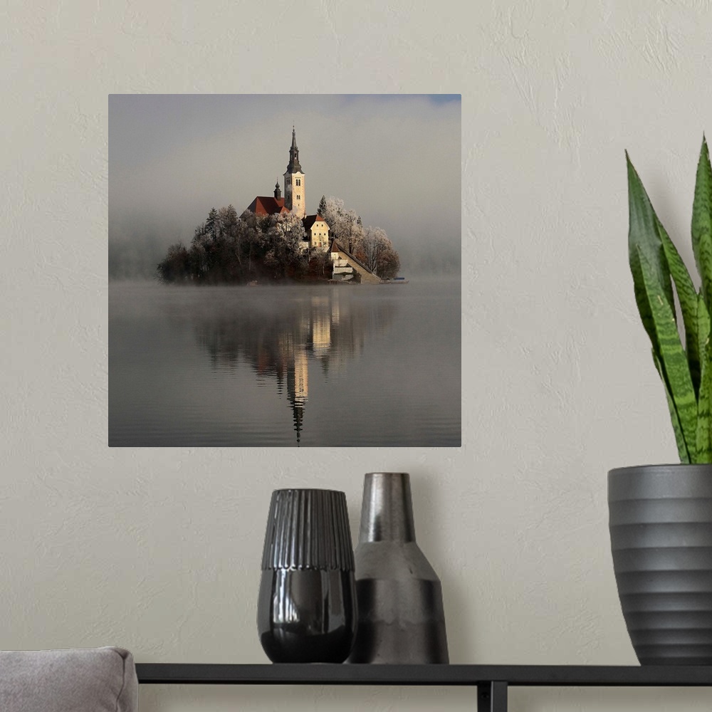 A modern room featuring Church on Lake Bled