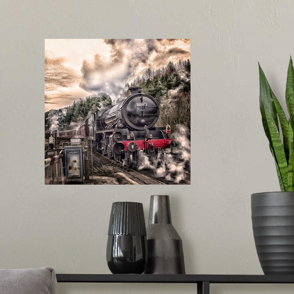 A modern room featuring A powerful steam locomotive on the tracks near a forest on a cloudy day.