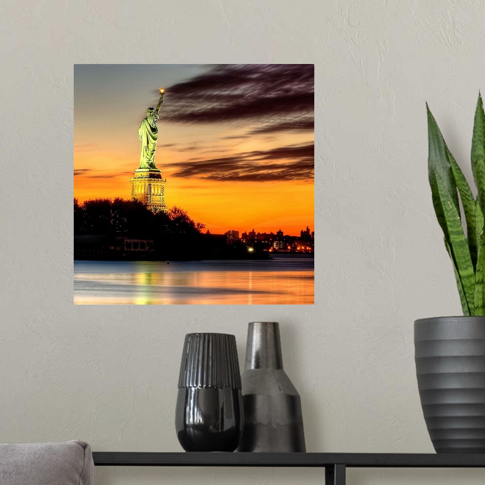 A modern room featuring Sunrise view from Liberty State Park, Jersey City, New Jersey.