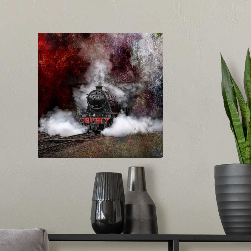 A modern room featuring A steam locomotive barreling down rails with steam pouring out of the stack.