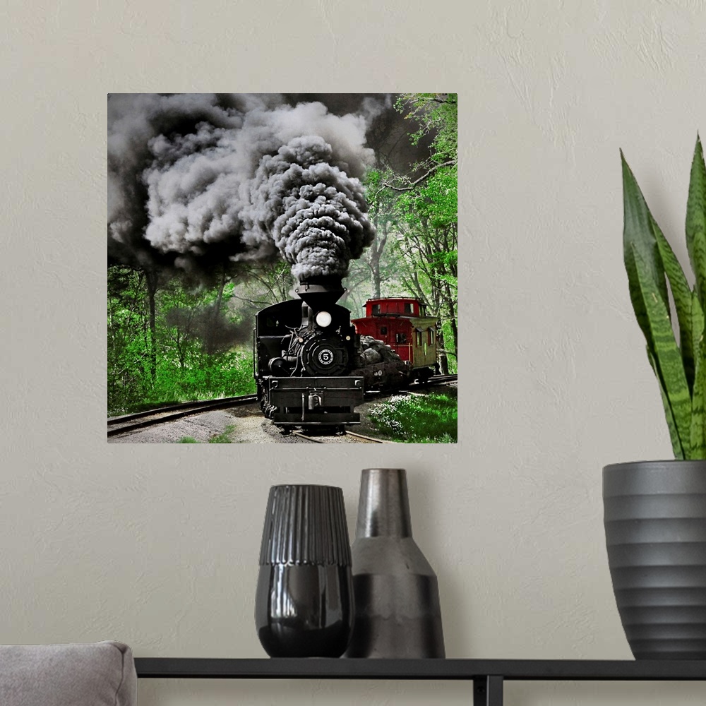A modern room featuring A photograph of a steam locomotive barreling down railroad tracks in a forest with massive clouds...