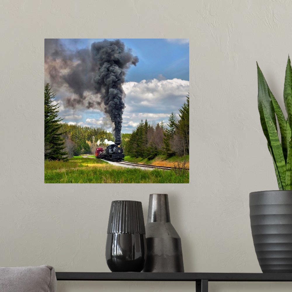 A modern room featuring Locomotive with dark smoke billowing from its smokestack.