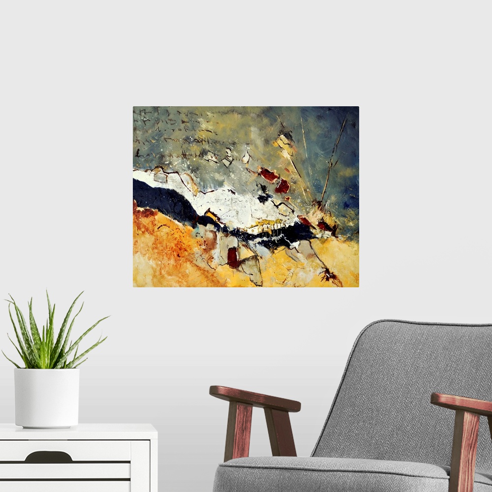 A modern room featuring A horizontal abstract painting in dark shades of black, orange, white and yellow with splatters o...