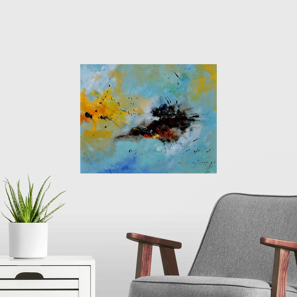 A modern room featuring A horizontal abstract painting of blue green and yellow with brush strokes of black in the center.